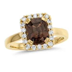 18ct yellow gold ladies brown sapphire & diamond designer cluster ring