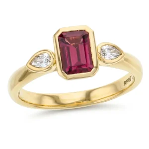 Rhodalite Garnet & Diamond 18ct Yellow Gold Trilogy Ring