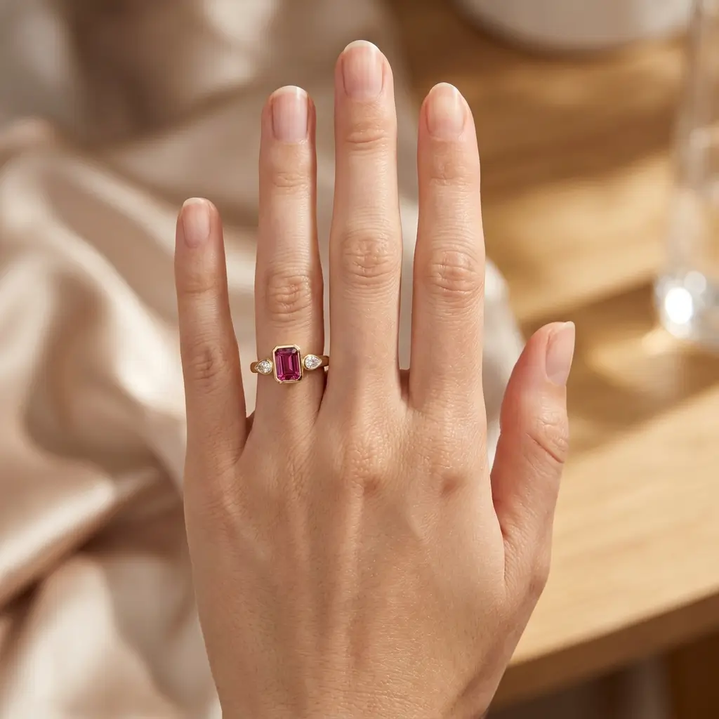 Rhodalite Garnet & Diamond 18ct Yellow Gold Trilogy Ring