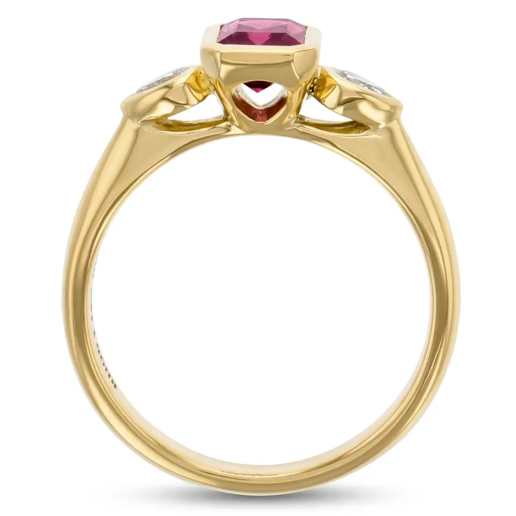 Rhodalite Garnet & Diamond 18ct Yellow Gold Trilogy Ring