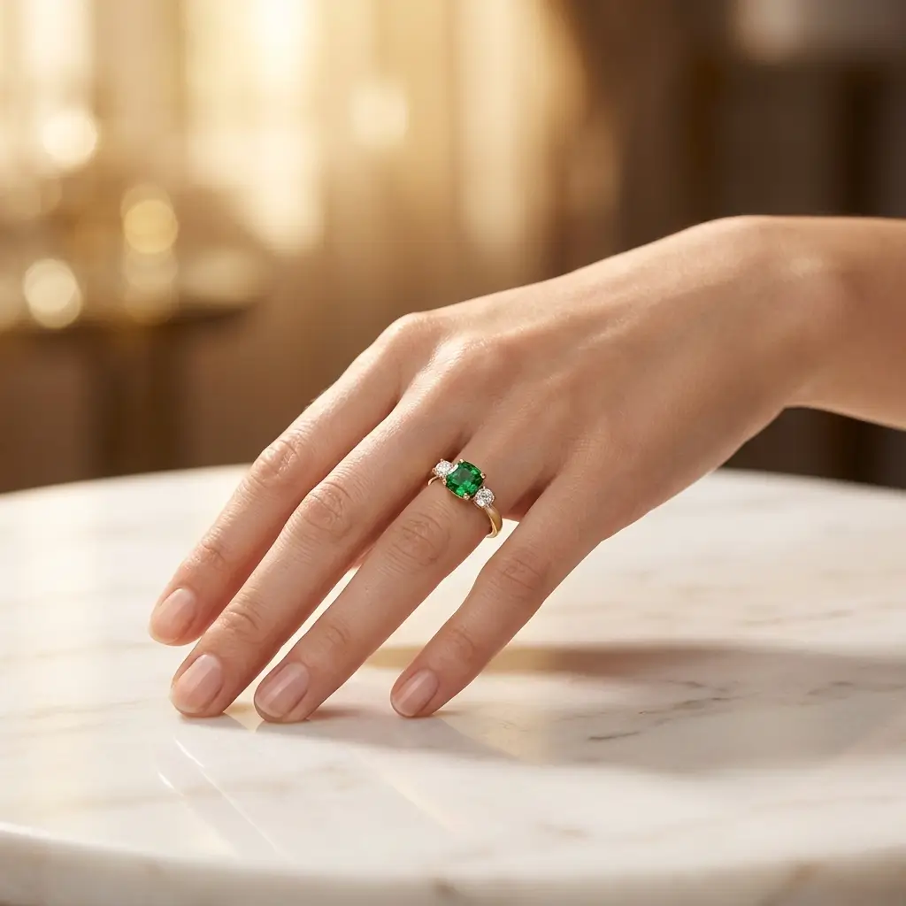 Tsavorite Garnet & Diamond 18ct Yellow Gold Trilogy Ring