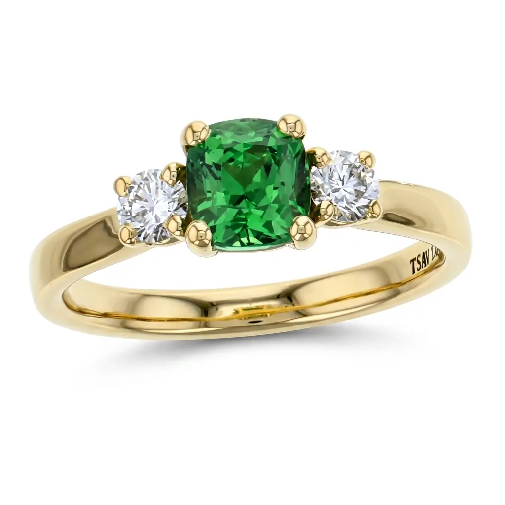 Tsavorite Garnet & Diamond 18ct Yellow Gold Trilogy Ring