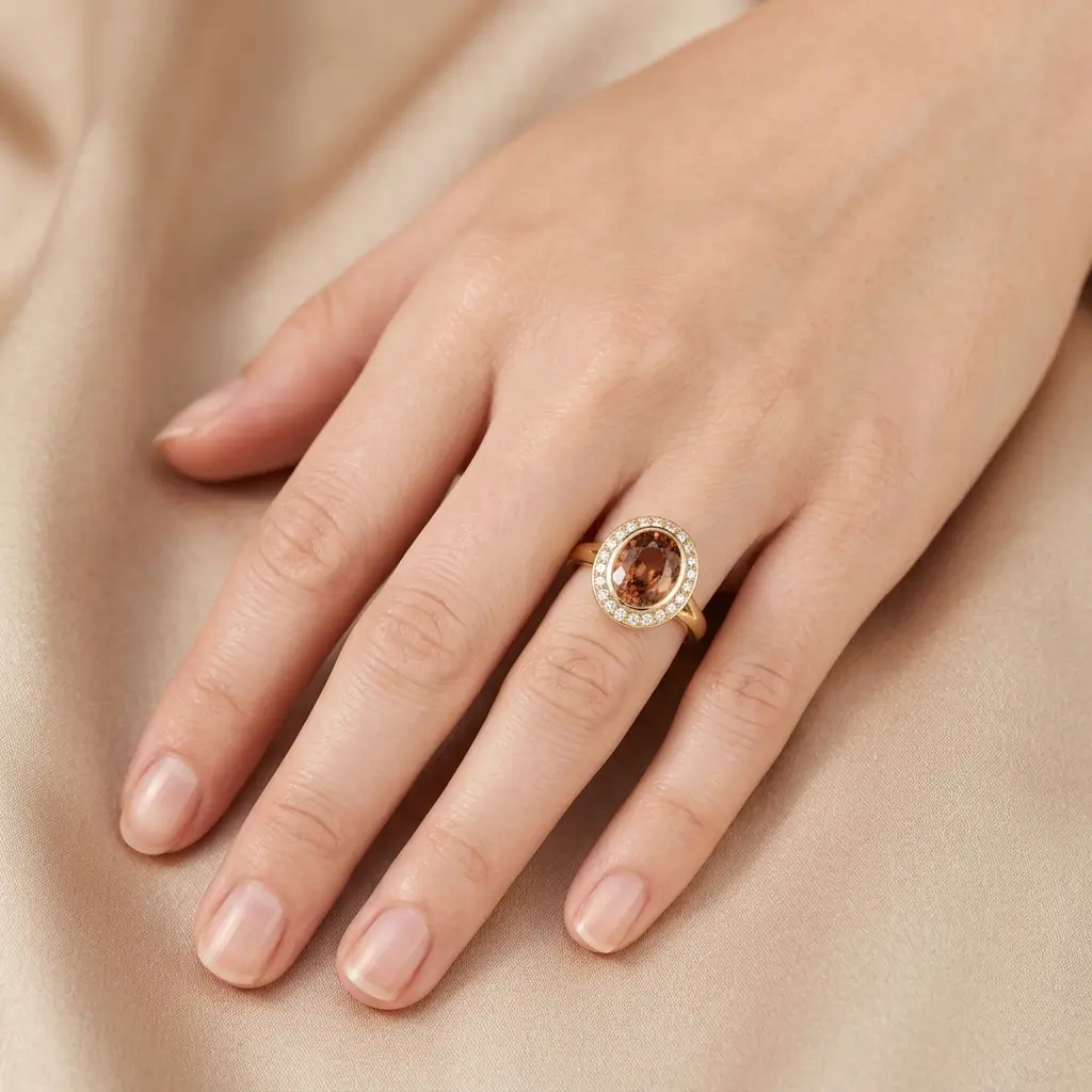 18ct yellow gold ladies oval cut brown zircon & diamond designer cluster ring designed & hand crafted by Faller of Derry/ Londonderry, halo dress ring, precious gem jewellery, jewelry