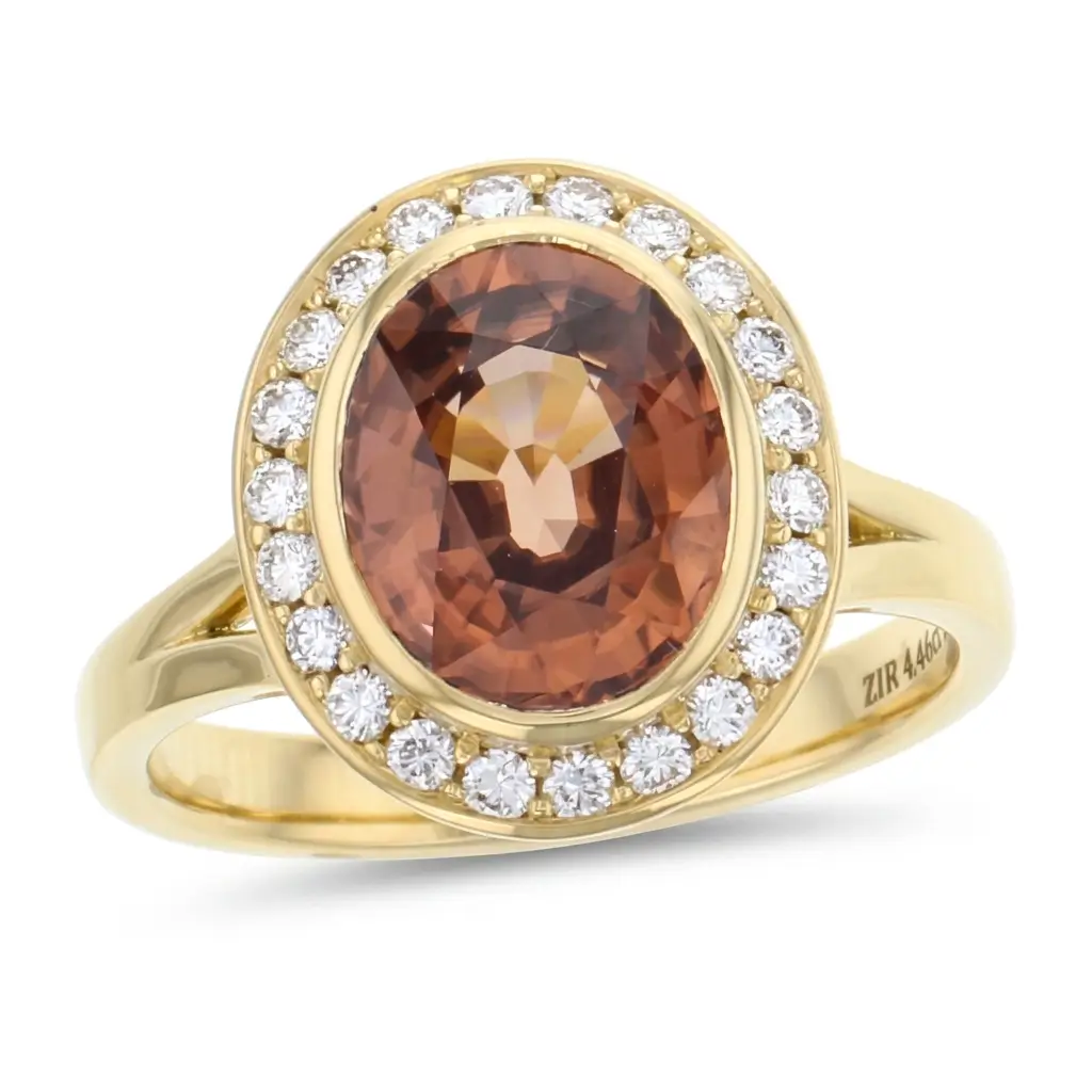 18ct yellow gold ladies oval cut brown zircon & diamond designer cluster ring designed & hand crafted by Faller of Derry/ Londonderry, halo dress ring, precious gem jewellery, jewelry