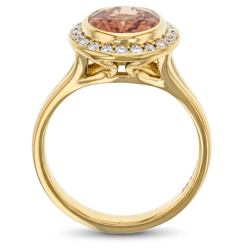 18ct yellow gold ladies oval cut brown zircon & diamond designer cluster ring designed & hand crafted by Faller of Derry/ Londonderry, halo dress ring, precious gem jewellery, jewelry