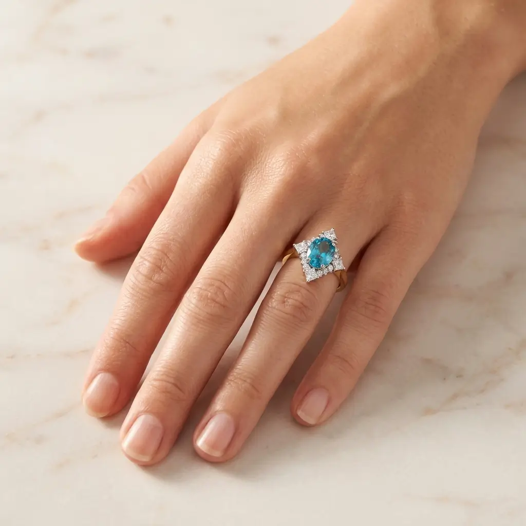 18ct yellow gold ladies oval cut blue zircon & diamond designer ring designed & hand crafted by Faller of Derry/ Londonderry, cluster/halo dress ring