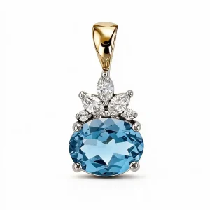 Oval cut blue topaz & diamond 18ct yellow gold & platinum pendant
