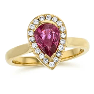 Red sapphire & Diamond 18ct Yellow Gold Halo Ring