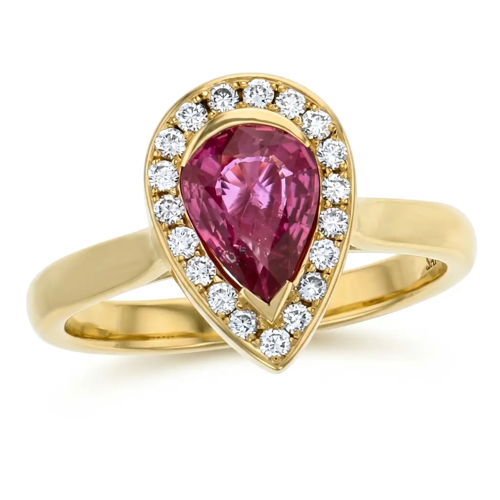 Red sapphire & Diamond 18ct Yellow Gold Halo Ring