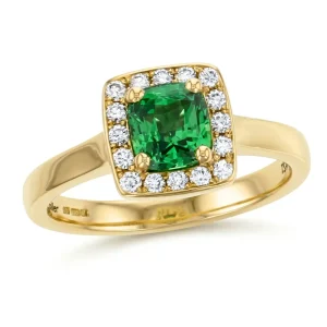 Green garnet & Diamond 18ct Yellow Gold Halo Ring