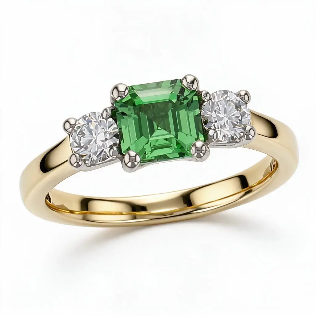 Tsavorite Garnet & Diamond Platinum & 18ct Yellow Gold Trilogy Ring
