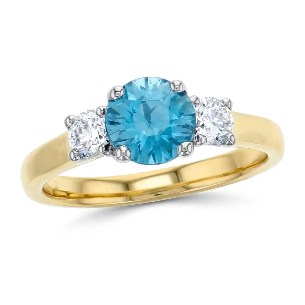 18ct yellow gold & platinum ladies round brilliant cut blue zircon & diamond designer ring designed & hand crafted by Faller of Derry/ Londonderry, trilogy dress ring