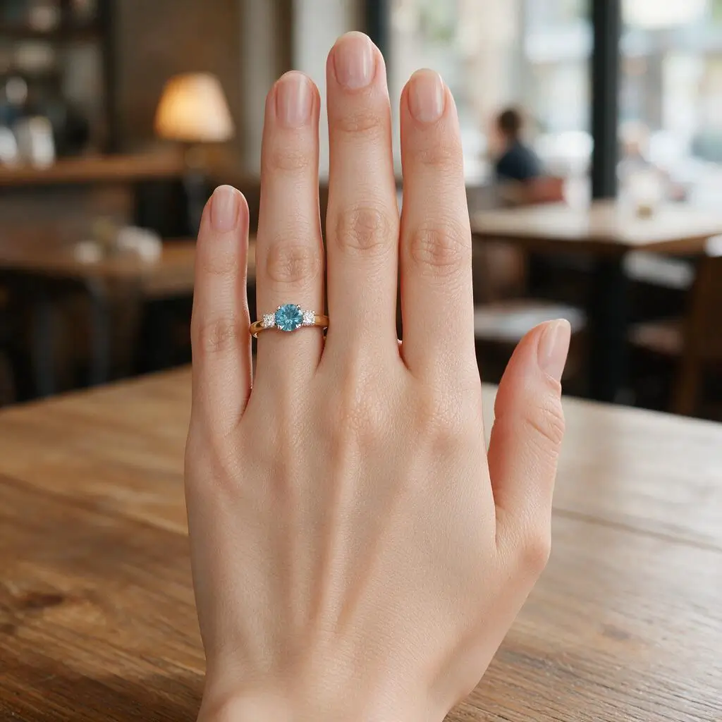 18ct yellow gold & platinum ladies round brilliant cut blue zircon & diamond designer ring designed & hand crafted by Faller of Derry/ Londonderry, trilogy dress ring