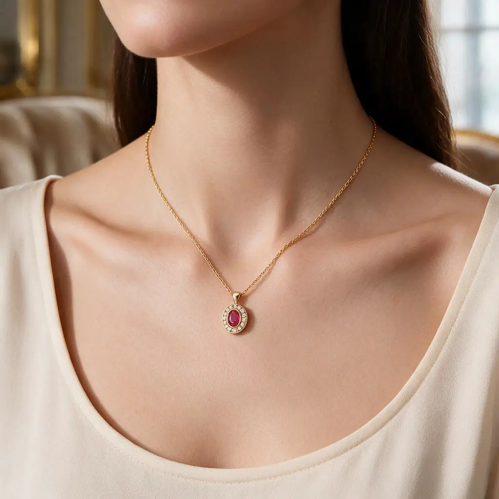 18ct yellow gold ladies oval cabochon ruby & diamond halo pendant
