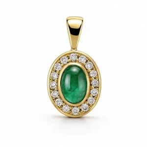 18ct yellow gold ladies oval cabochon emerald & diamond halo pendant