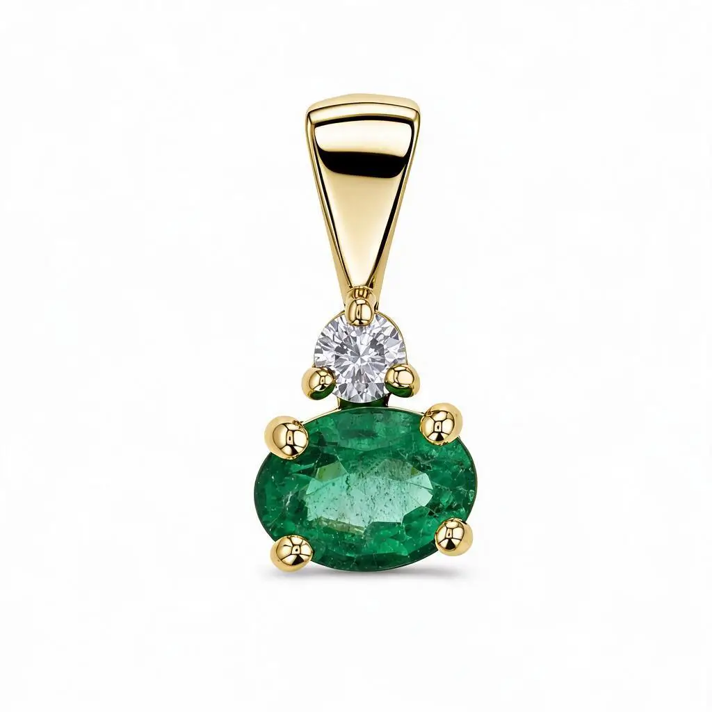 18ct yellow gold ladies oval cut emerald & diamond pendant
