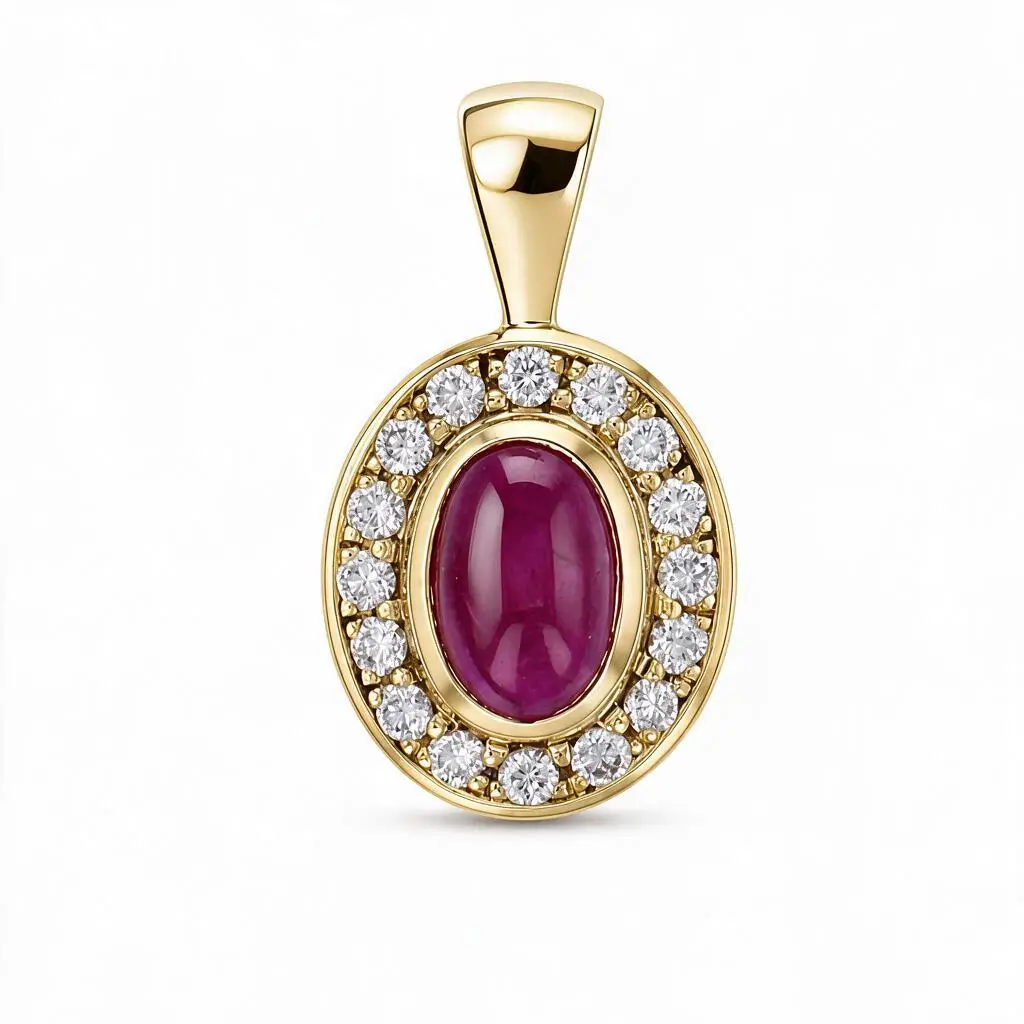 18ct yellow gold ladies oval cabochon ruby & diamond halo pendant