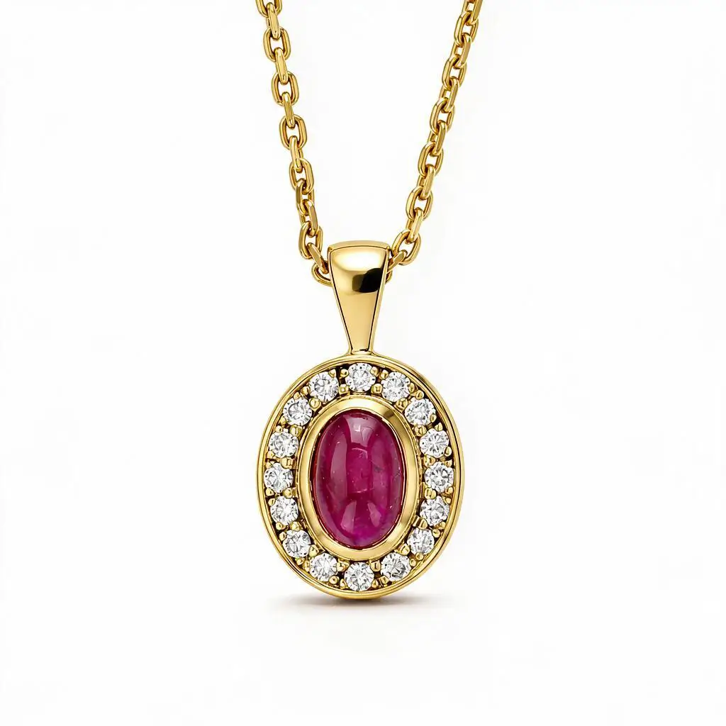 18ct yellow gold ladies oval cabochon ruby & diamond halo pendant