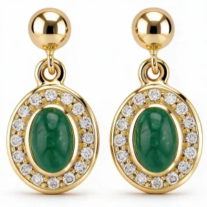 18ct yellow gold ladies oval cabochon emerald & diamond halo drop earrings