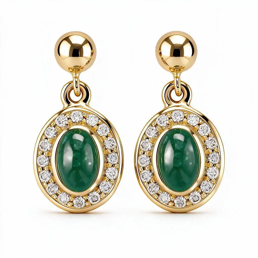 18ct yellow gold ladies oval cabochon emerald & diamond halo drop earrings