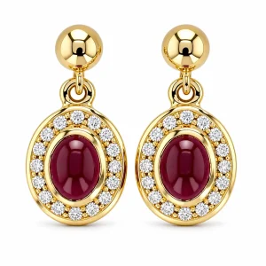 18ct yellow gold ladies oval cabochon cut ruby & diamond halo drop earrings