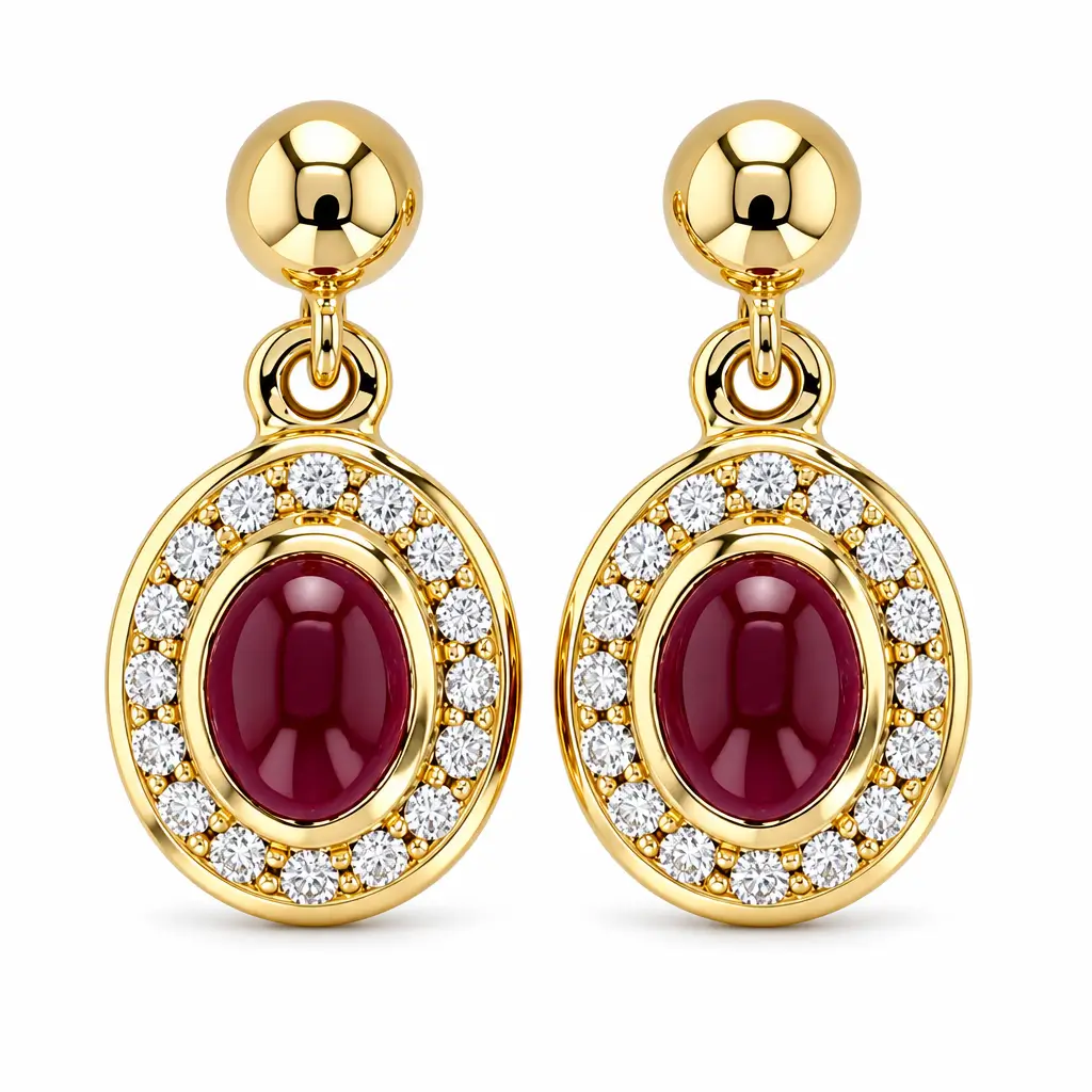 18ct yellow gold ladies oval cabochon cut ruby & diamond halo drop earrings