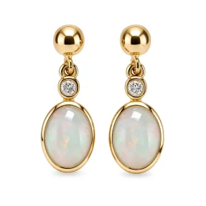 18ct yellow gold ladies oval cabochon cut opal & diamond earrings