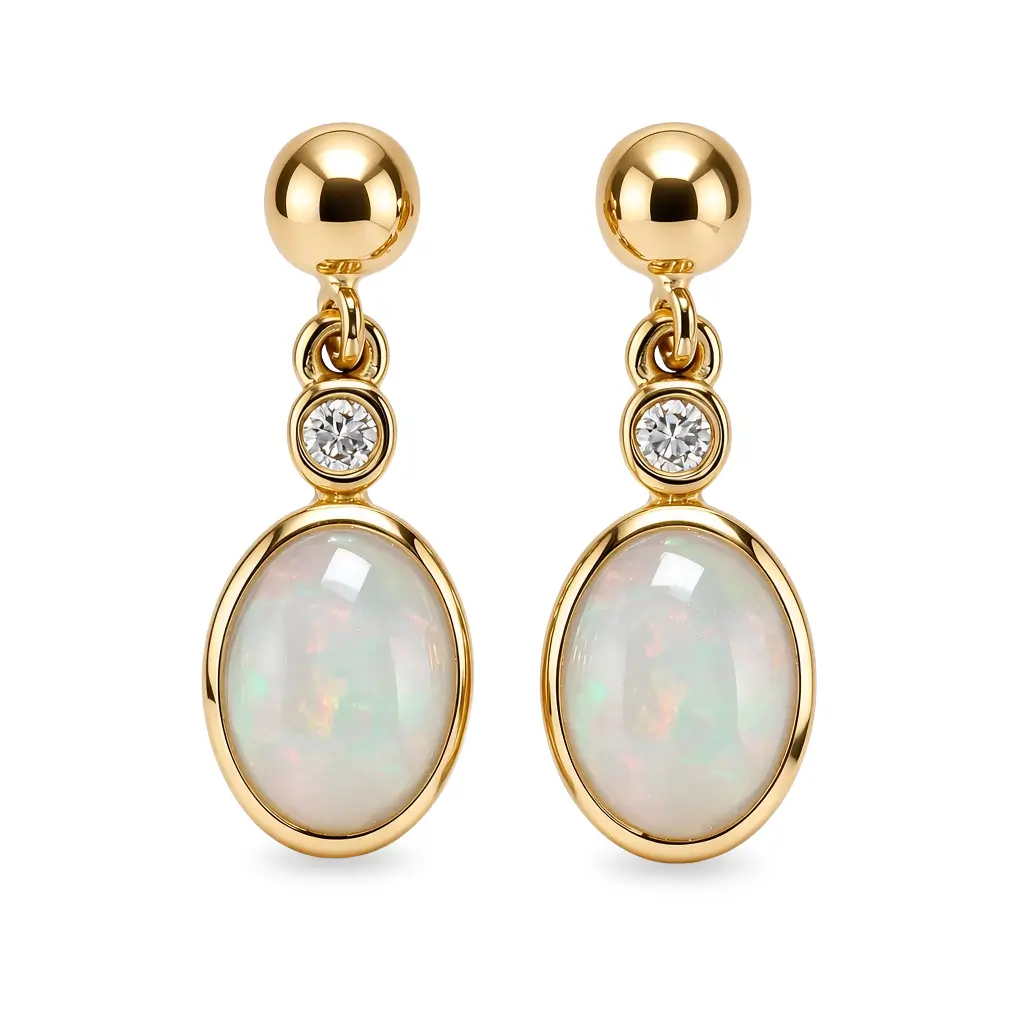 18ct yellow gold ladies oval cabochon cut opal & diamond earrings
